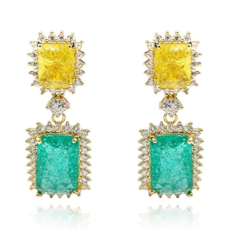 Canary And Emerald Crystal Clip On Earrings In Gold Plated Brass