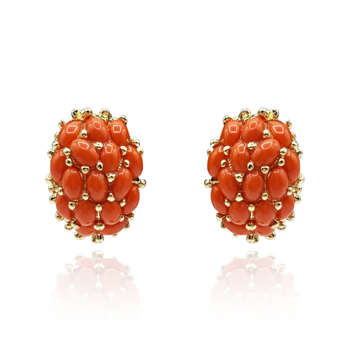 Multi Stone Glass Coral Clip On Earrings In Gold Plating