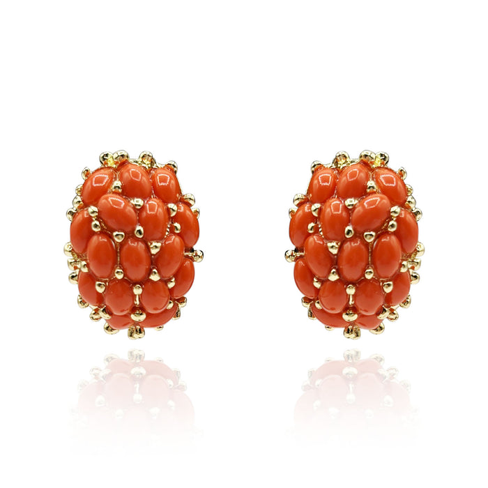 Multi Stone Glass Coral Clip On Earrings In Gold Plating