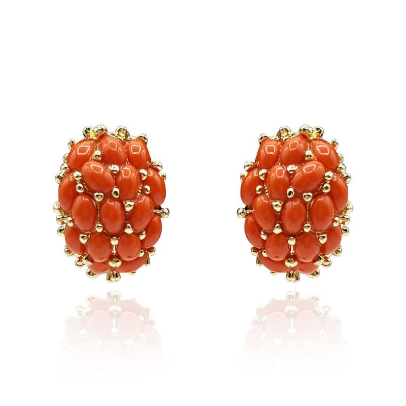 Multi Stone Glass Coral Clip On Earrings In Gold Plating