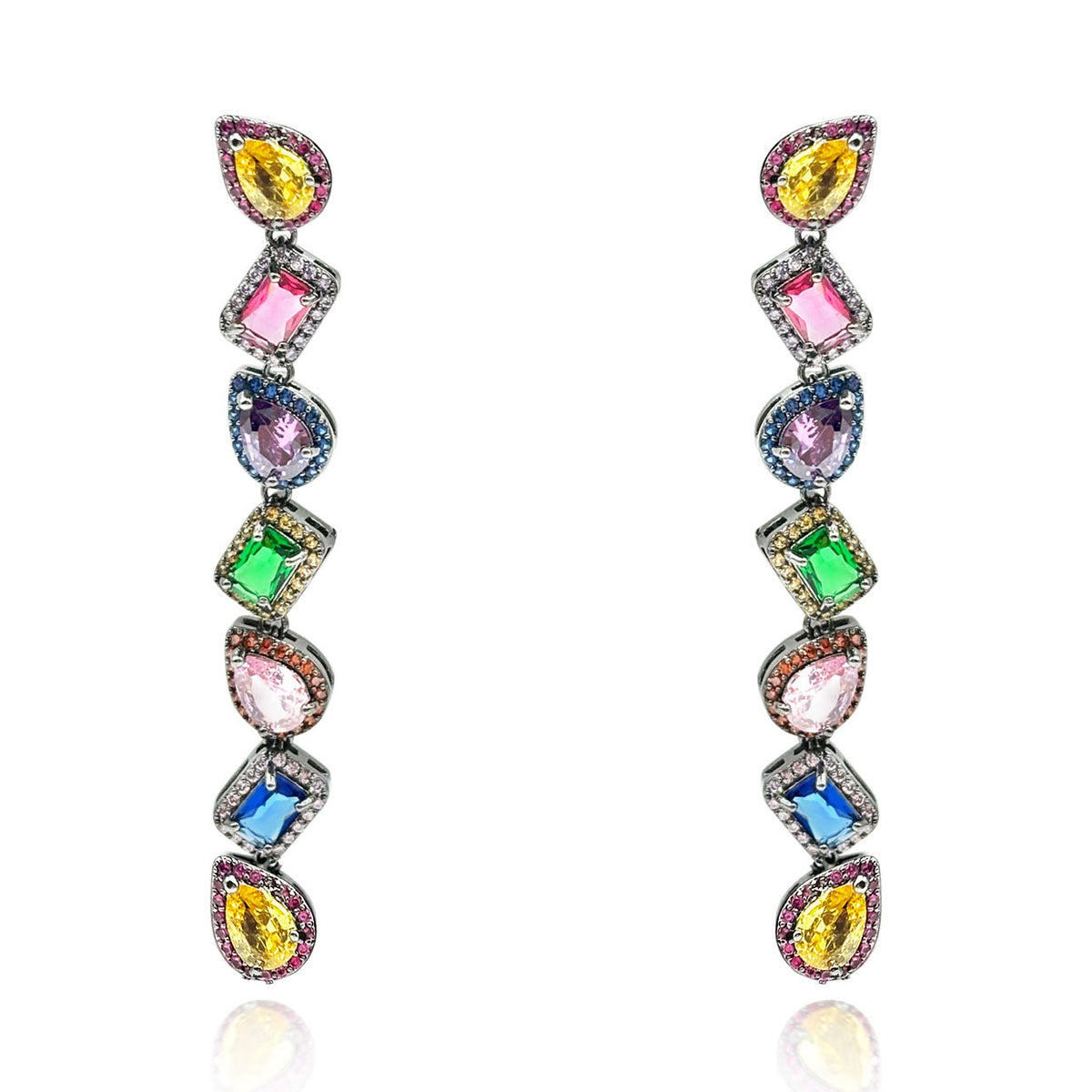 Multi Color Crystal Gem Drops In Blackened Rhodium Setting