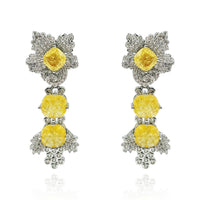 Gold Plated Brass Clip On Drop Earrings With Canary Yellow And Crystals