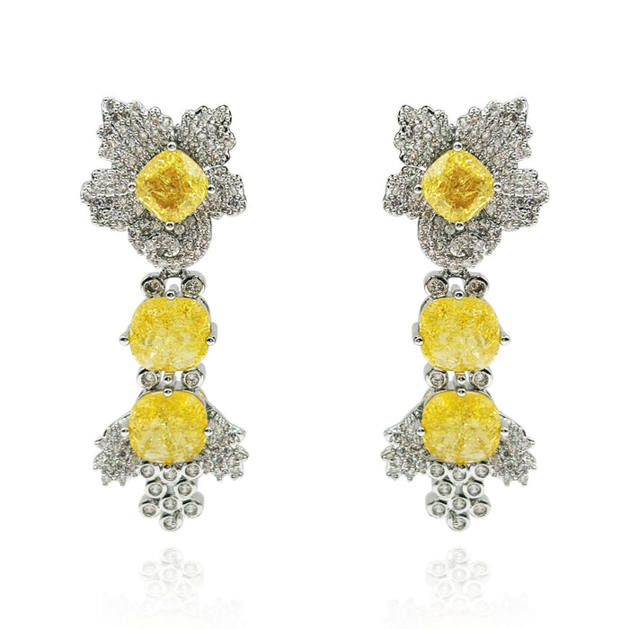 Gold Plated Brass Clip On Drop Earrings With Canary Yellow And Crystals