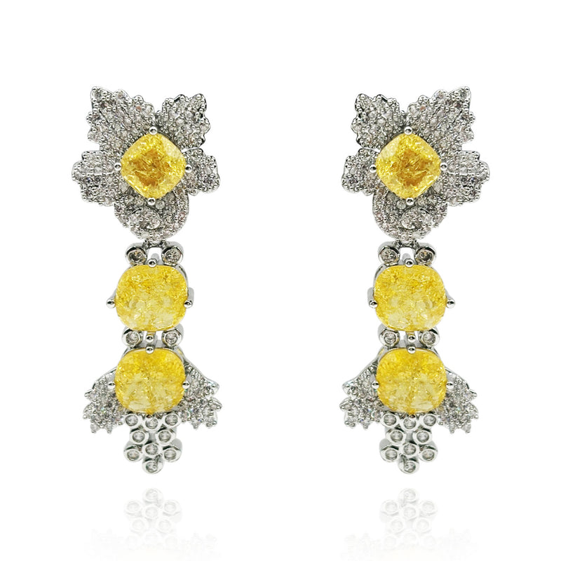 Gold Plated Brass Clip On Drop Earrings With Canary Yellow And Crystals