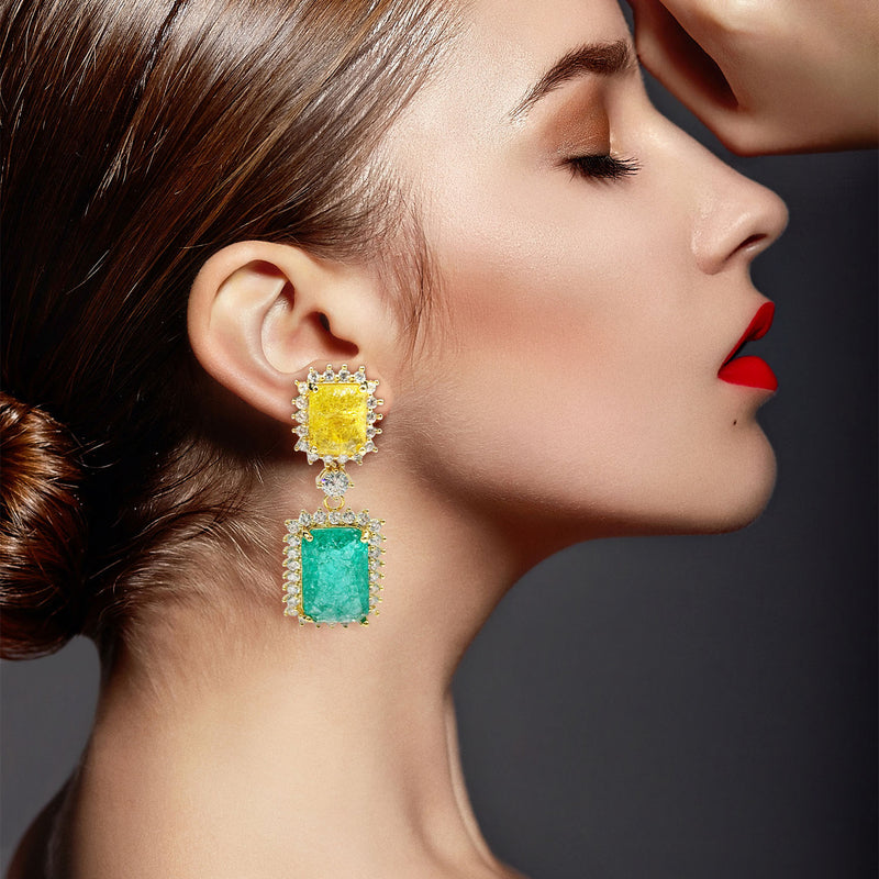 Canary And Emerald Crystal Clip On Earrings In Gold Plated Brass