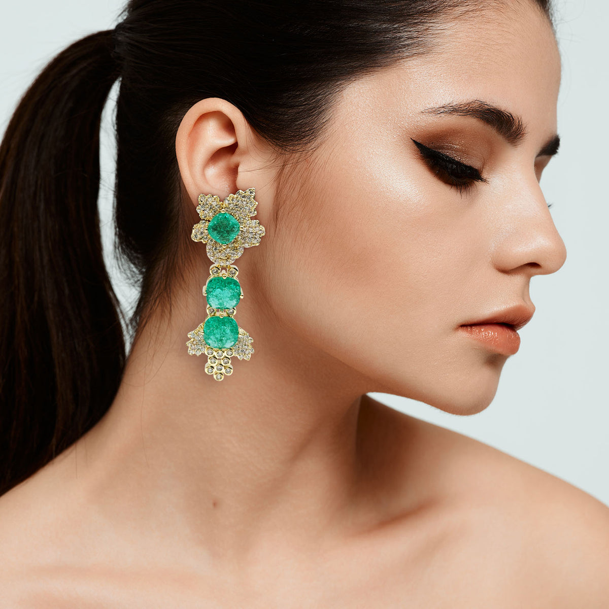 Gold Plated Clip On Drop Earrings With Emerald And Crystal