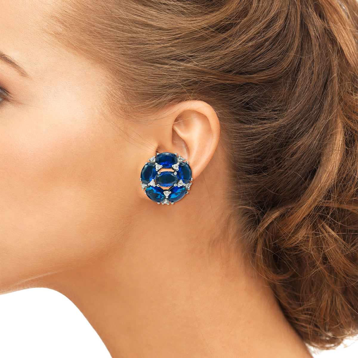 Sterling Silver Clip On Earrings With Sapphire And Diamond Cubic Zirconia