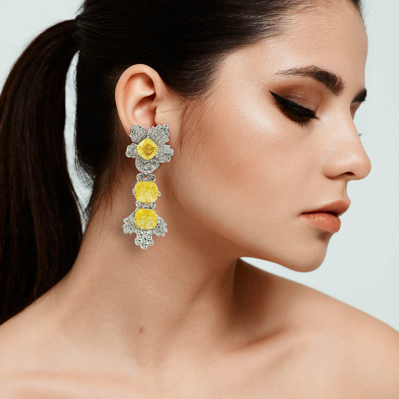 Gold Plated Brass Clip On Drop Earrings With Canary Yellow And Crystals