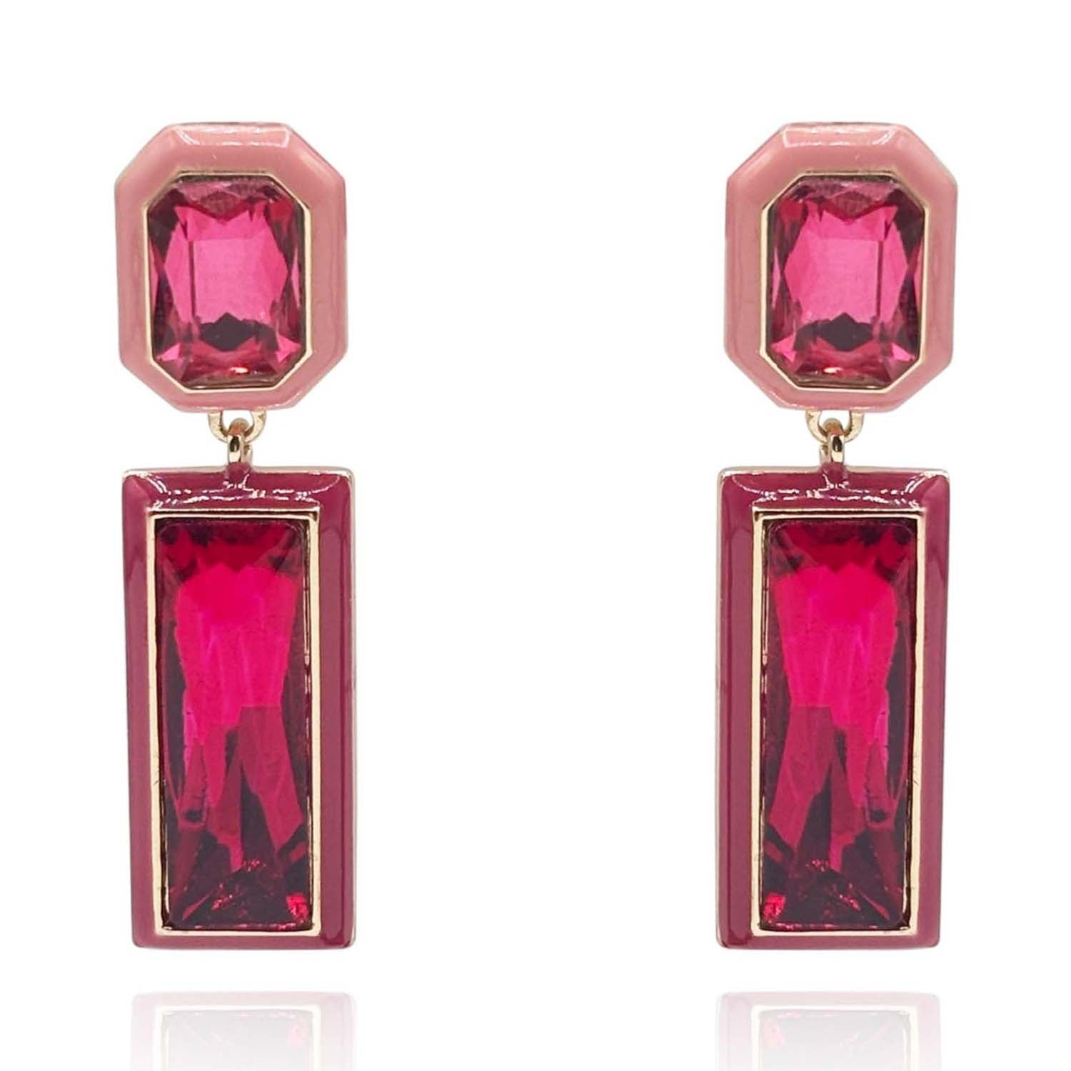 Pendientes Gioia de piedra de cristal rosa y fucsia con bordes de esmalte rosa y rojo