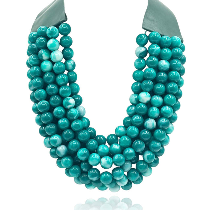 Multi-Strand Faux Resin Shades Of Turquoise Necklace With Vegan Adjustable Clasp