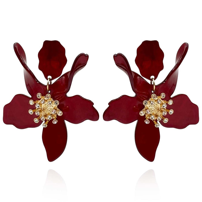 Burgundy Floral Resin Drop Earrings