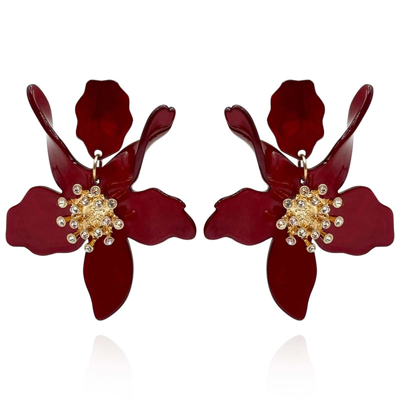 Burgundy Floral Resin Drop Earrings