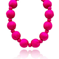 Large Fuschia Silk Covered Wood Bead Necklace