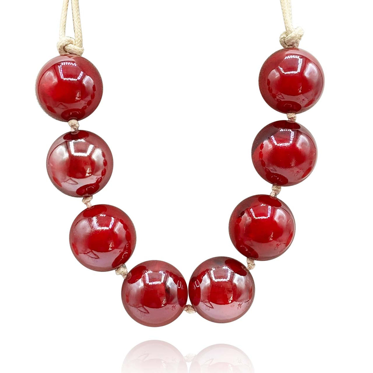 Ruby-Burgundy Marbled Knotted Resin Bead Necklace