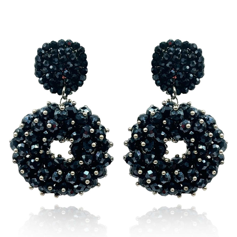 Black Glass Faceted Bead Clip On Drop Earrings