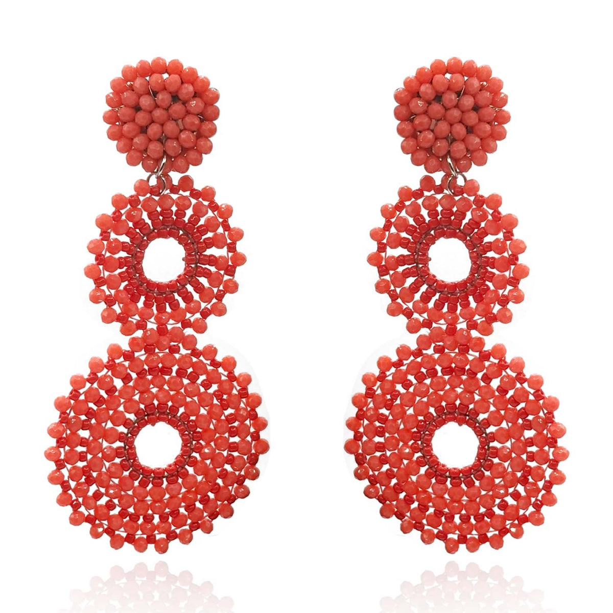 Coral Glass Clip On Boho Drop Earrings