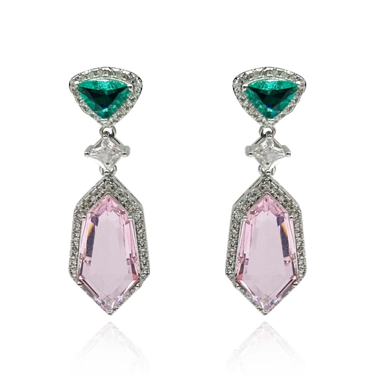 Emerald And Pink Cubic Zirconium Drop Earrings