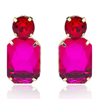 Fuschia Crystal Ocatgon And Ruby Round Stone Drop Earrings