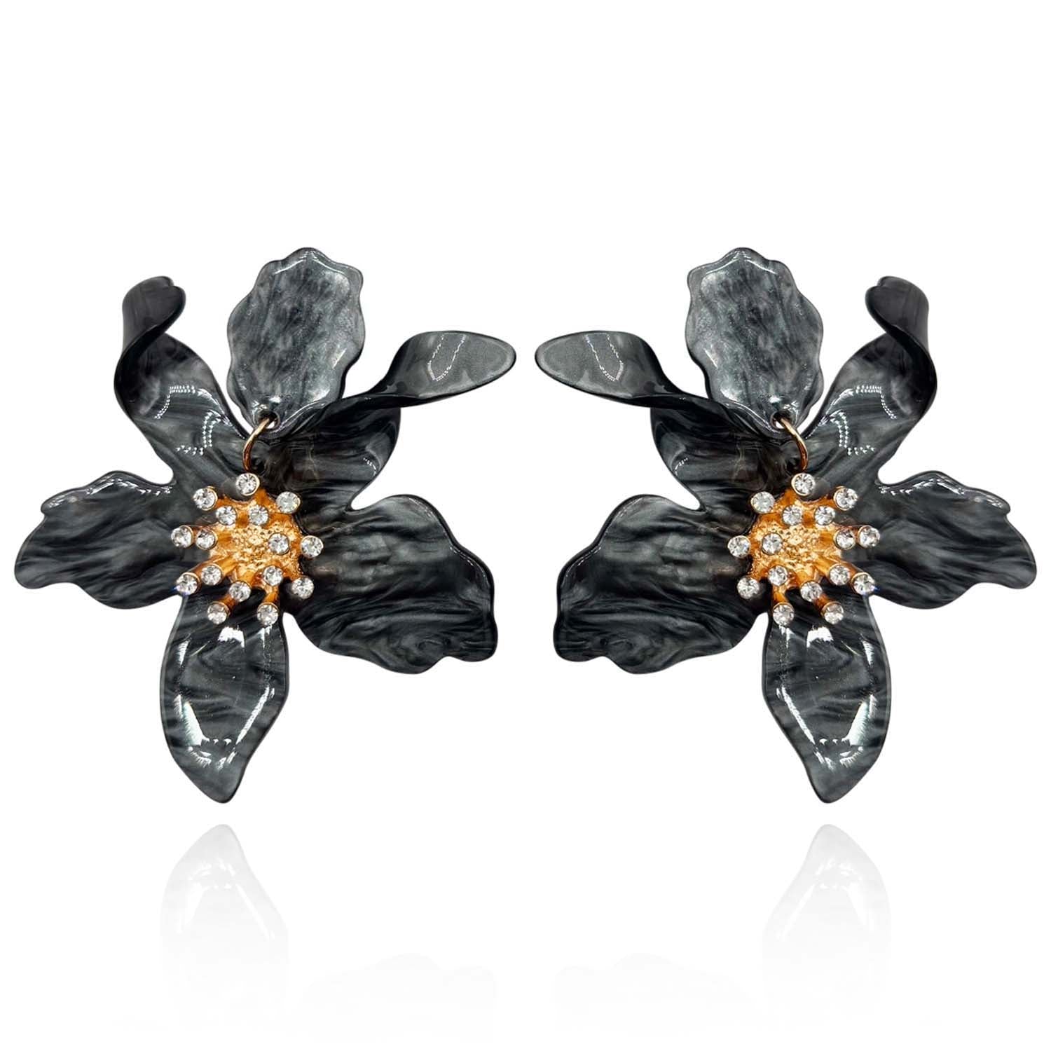 Pendientes colgantes de resina floral color hematita Lina