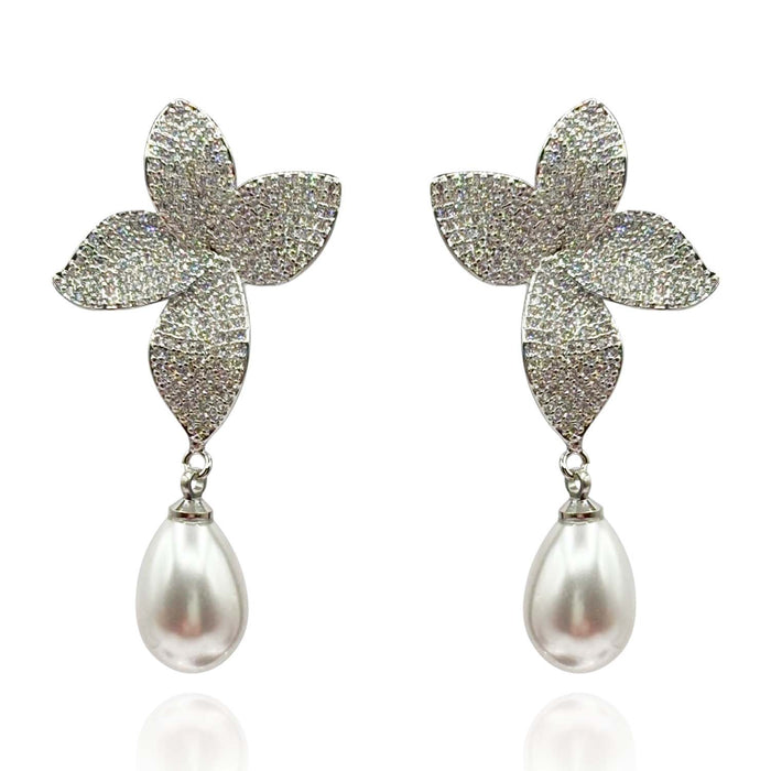 Cubic Zirconium Pave And Pearl Drop Clip On Earrings