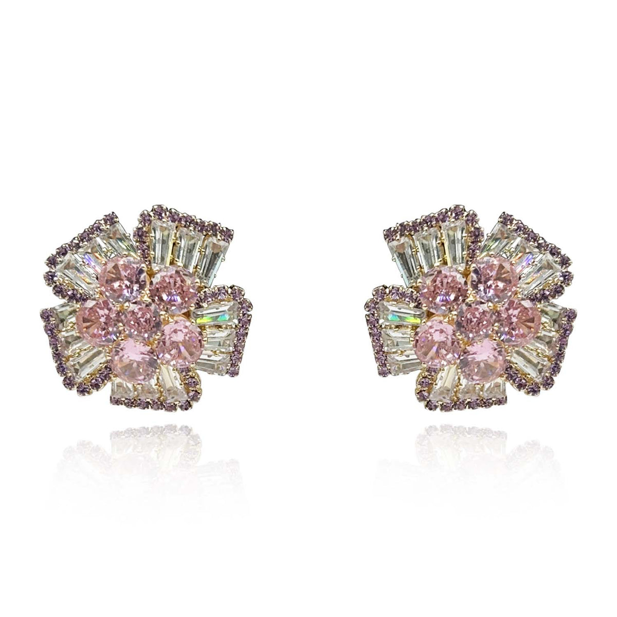 Pink Sapphire And Baguette Crystal Clip On Button Earrings