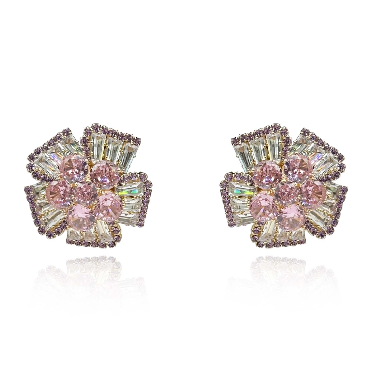 Pendientes de botón con clip Fausta de zafiro rosa y cristal baguette