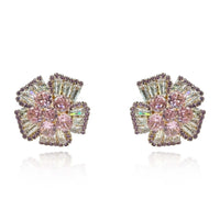 Pink Sapphire And Baguette Crystal Clip On Button Earrings