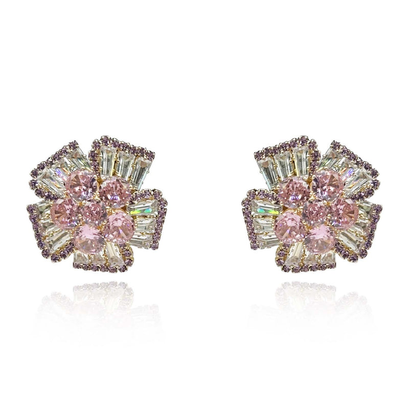 Pink Sapphire And Baguette Crystal Clip On Button Earrings