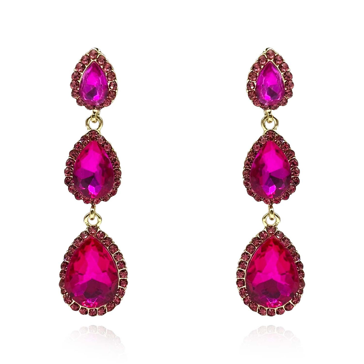 Triple Pear Shape Fuschia Glass Drop Earrings