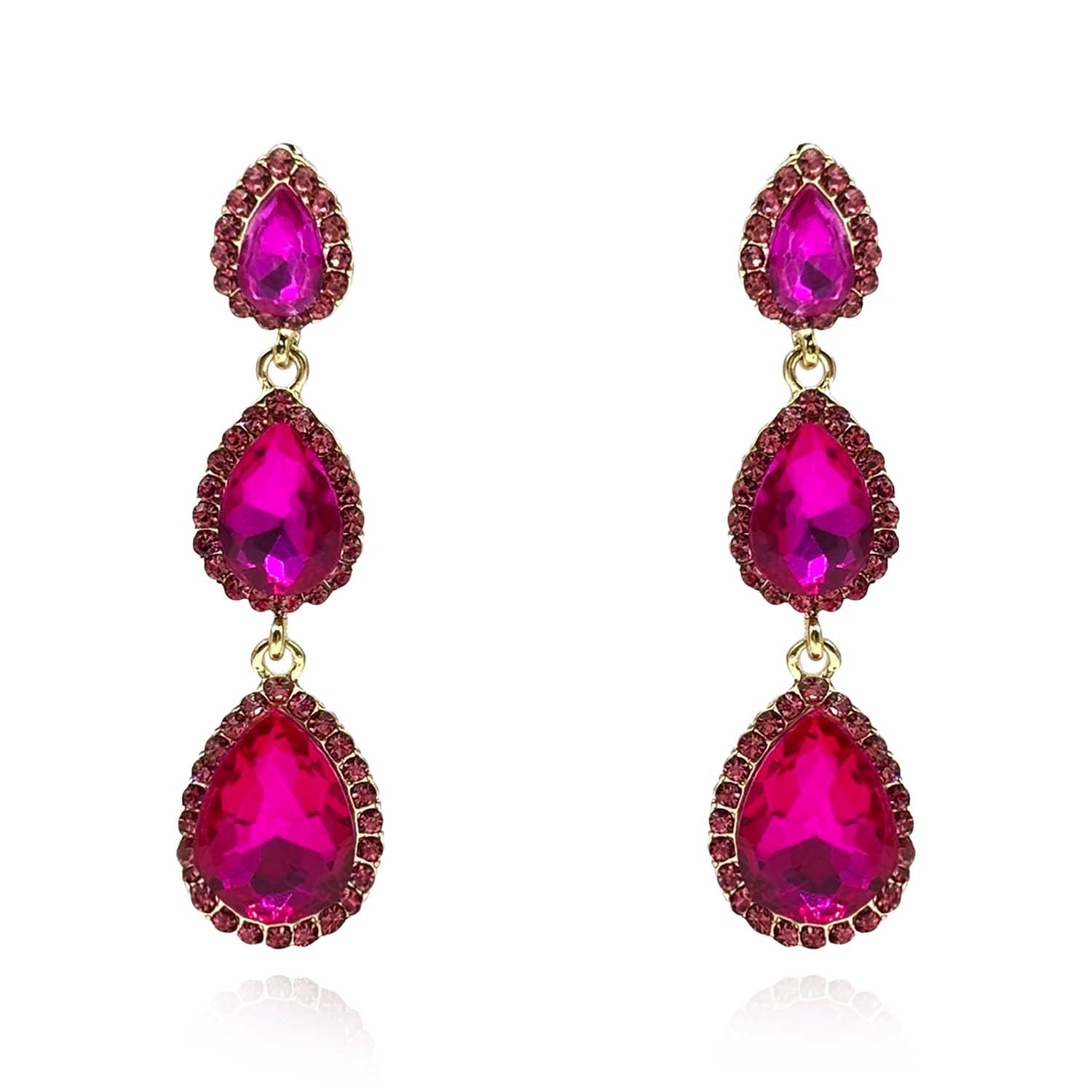 Pendientes colgantes de cristal fucsia con triple forma de pera de Giuseppa