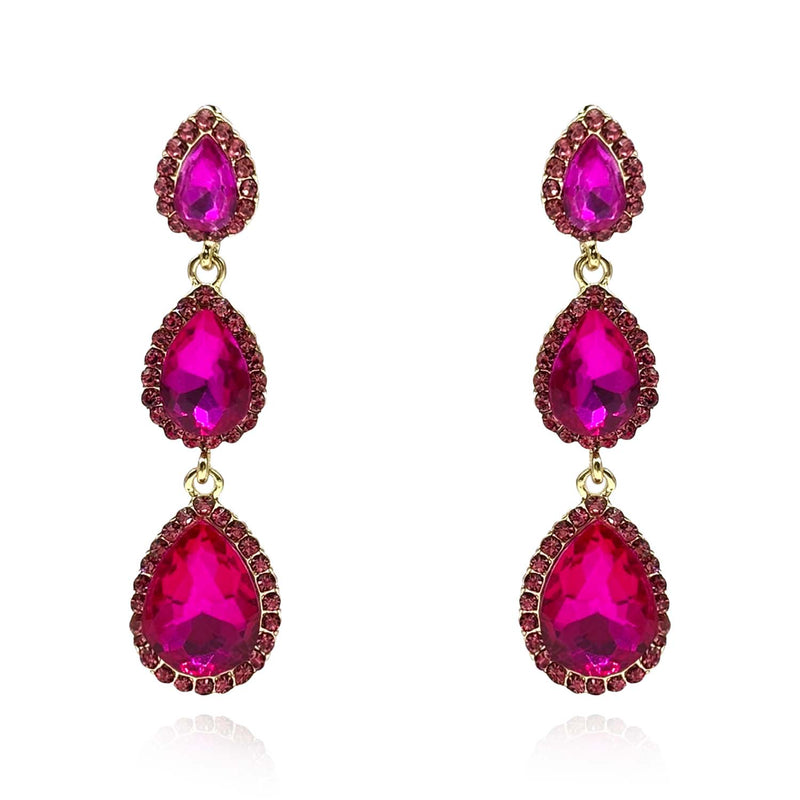 Triple Pear Shape Fuschia Glass Drop Earrings