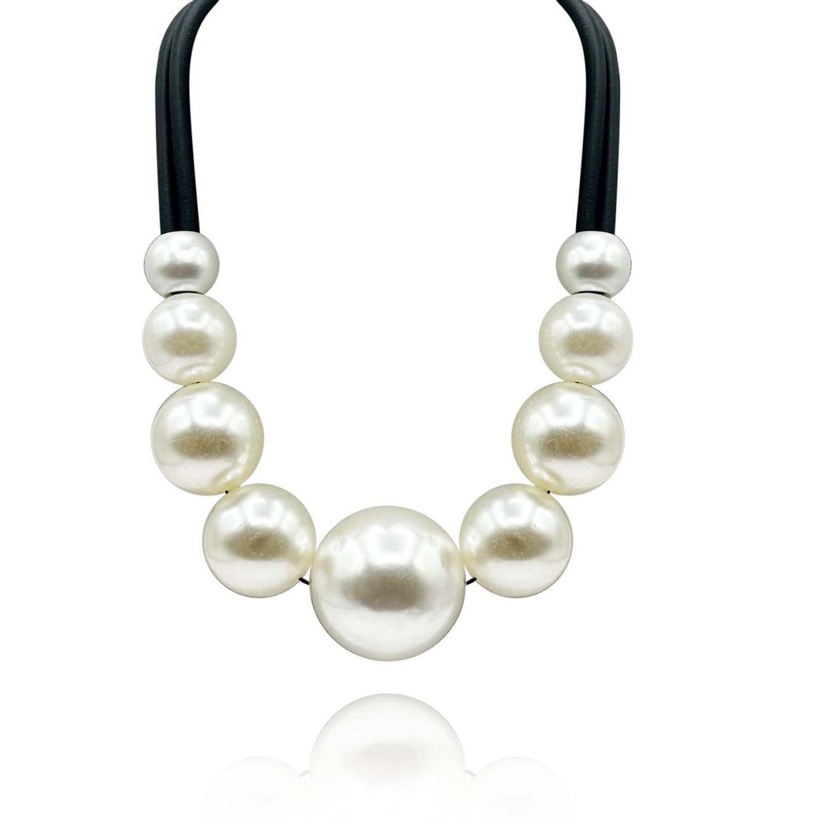 Large White Resin Pearl Necklace On Black Rubber