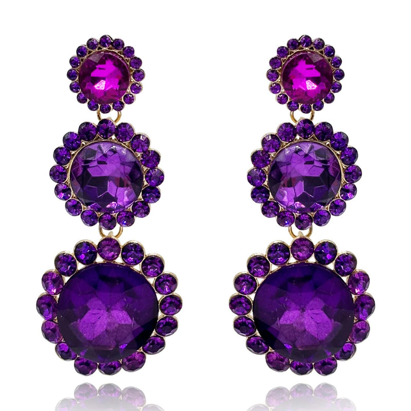 Triple Round Crystal Amethyst Drop Earrings Surrounded By Round Amethyst Stones