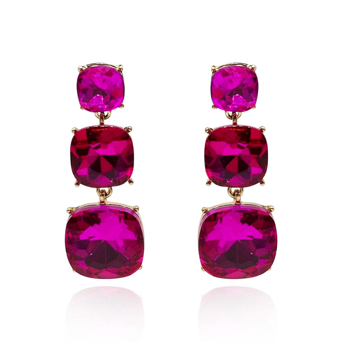 Triple Cushion Shape Fuschia Drop Earrings