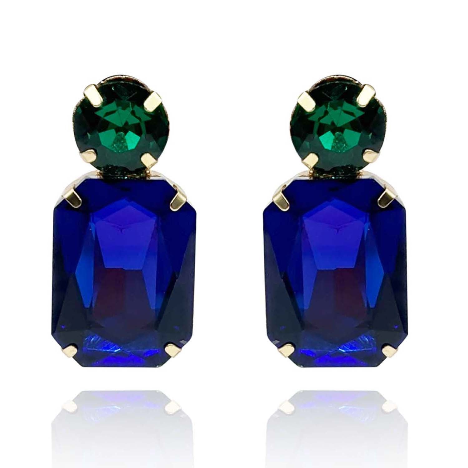 Adelle Dark Sapphire Crystal Ocatgon And Emerald Round Stone Drop Earrings
