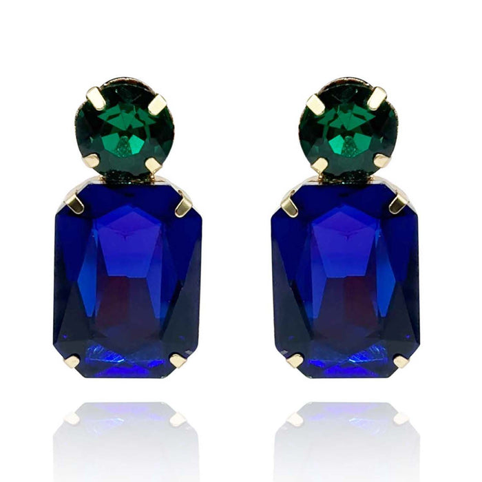 Dark Sapphire Crystal Ocatgon And Emerald Round Stone Drop Earrings