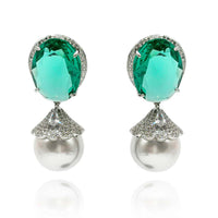 Oval Emerald Cubic Zirconium Earrings With Glass Pearl Drops