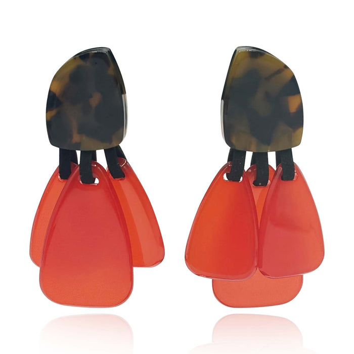 Tortoise Resin Top Earrings With Orange Resin Drops