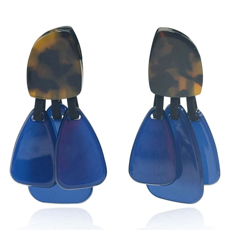 Tortoise Resin Top Earrings With Blue Resin Drops