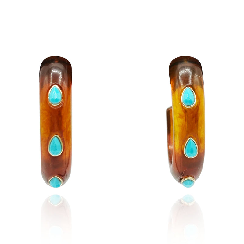 Tortoise Resin Hoop Earrings With Faceted Turquoise Glass Pear Stones