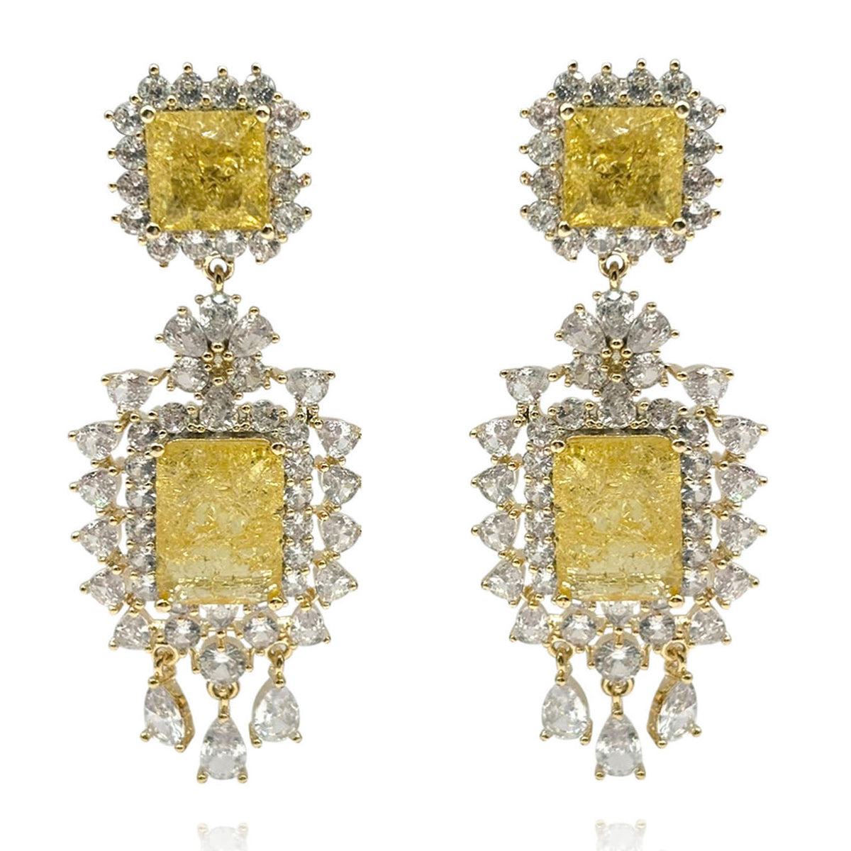 Canary And Crystal Clip On Drop Earrings In Gold Plated Brass Setting