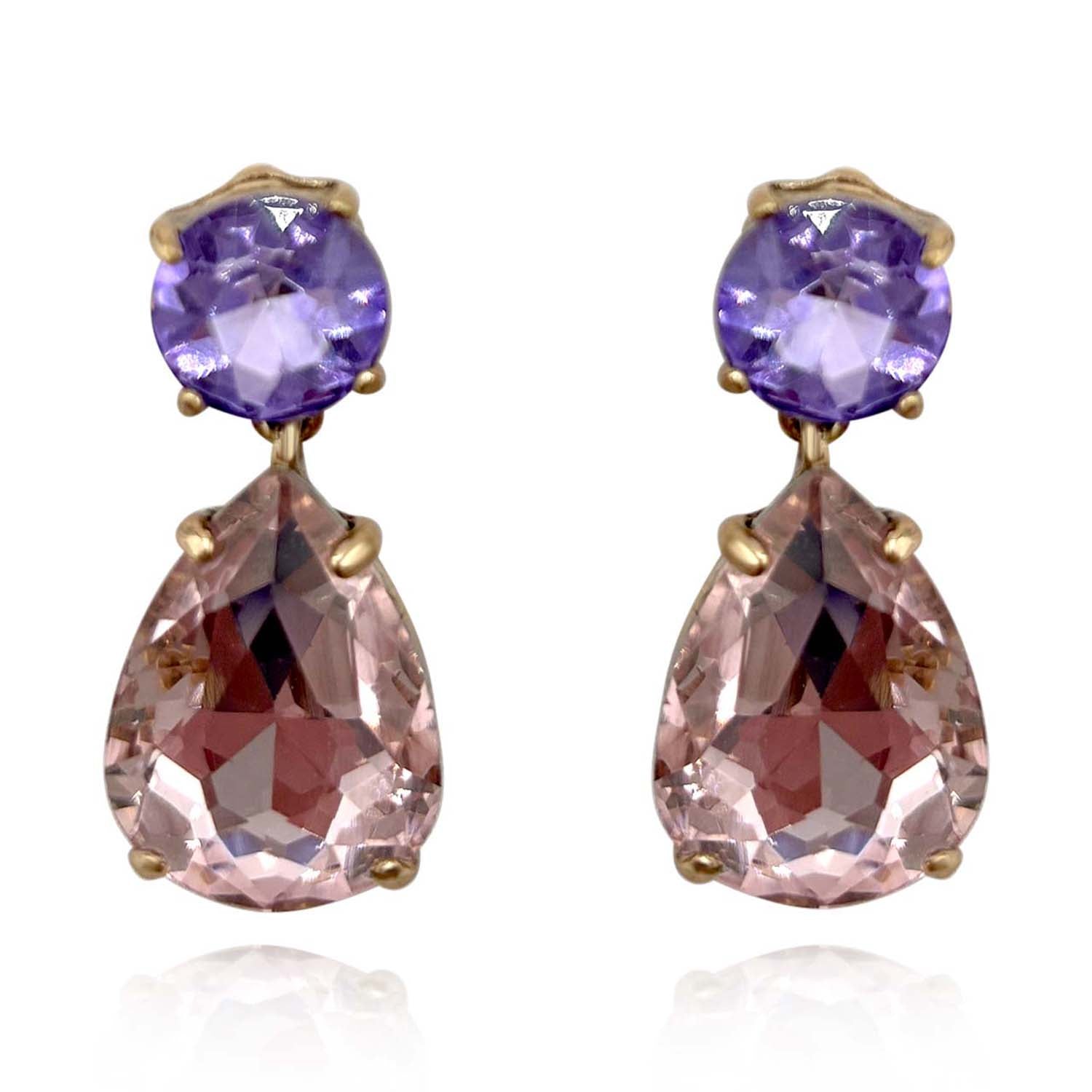 Large Pear Faceted Rose And Light Amethyst Crystal Drop Earrings In Brass With Gold Plating