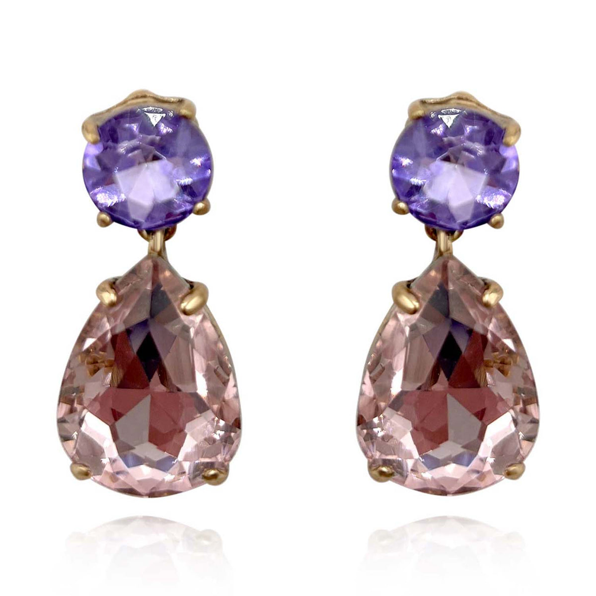 Large Pear-Faceted Rose And Light Amethyst Crystal Drop Earrings In Brass With Gold Plating