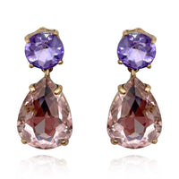 Large Pear-Faceted Rose And Light Amethyst Crystal Drop Earrings In Brass With Gold Plating