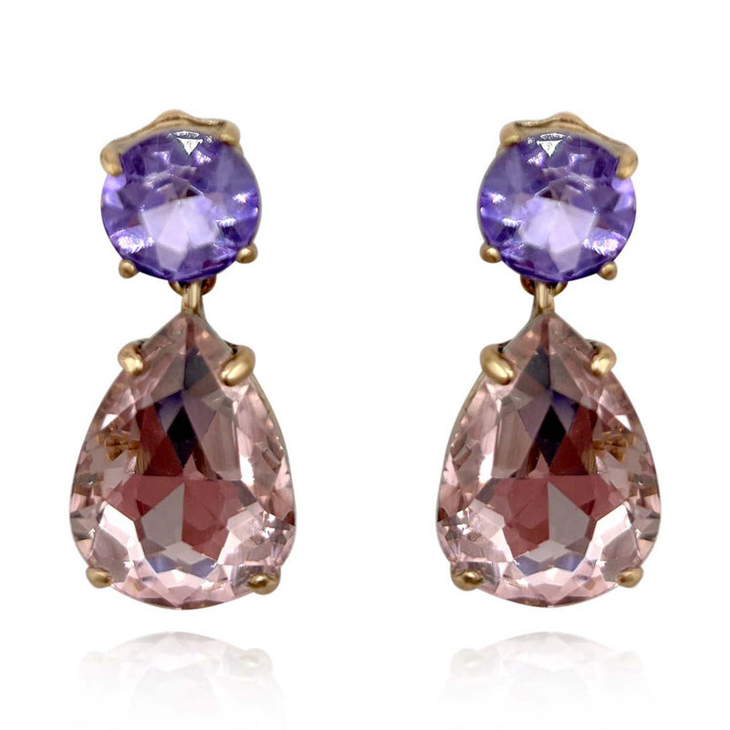 Large Pear-Faceted Rose And Light Amethyst Clip On Crystal Drop Earrings In Brass With Gold Plating