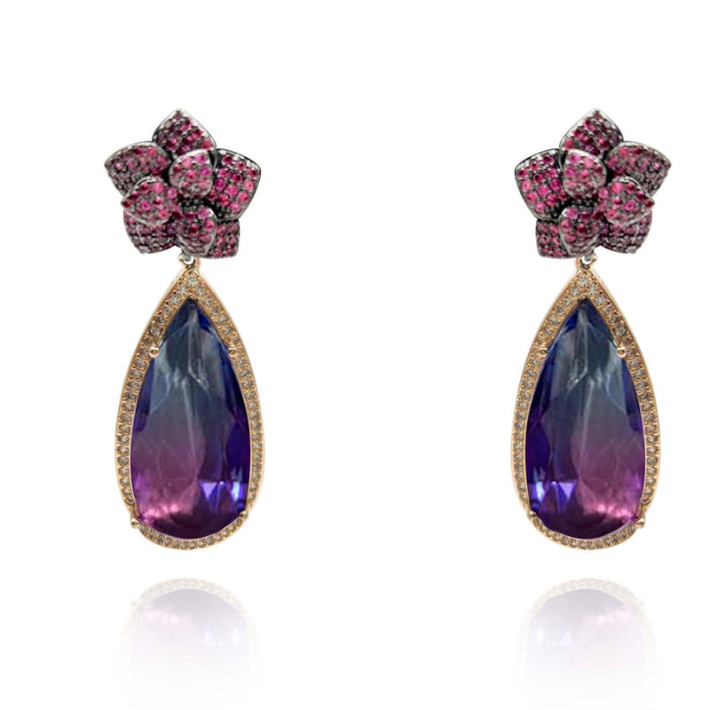 Ruby Cubic Zirconium Flower With Elongated Amethyst Cubic Zirconium Pear Drop Earrings