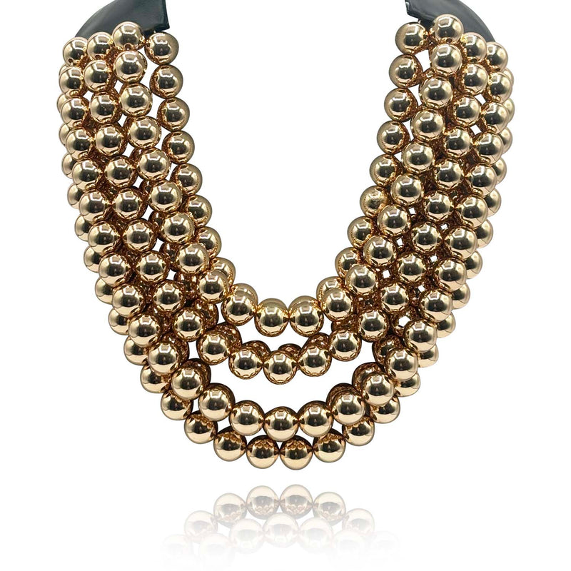 Multi-Strand Gold-Plated Resin Bead Necklace With Black Vegan Leather Clasp