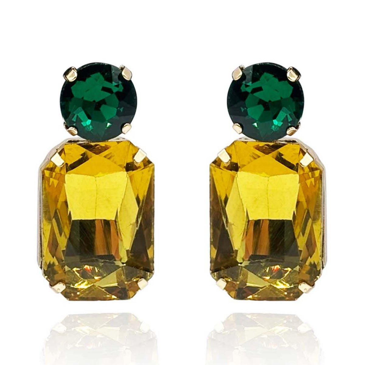 Topaz Crystal Ocatgon And Emerald Round Stone Drop Earrings