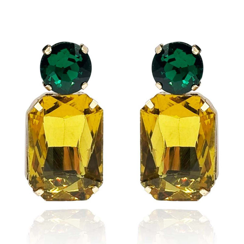 Topaz Crystal Ocatgon And Emerald Round Stone Drop Earrings