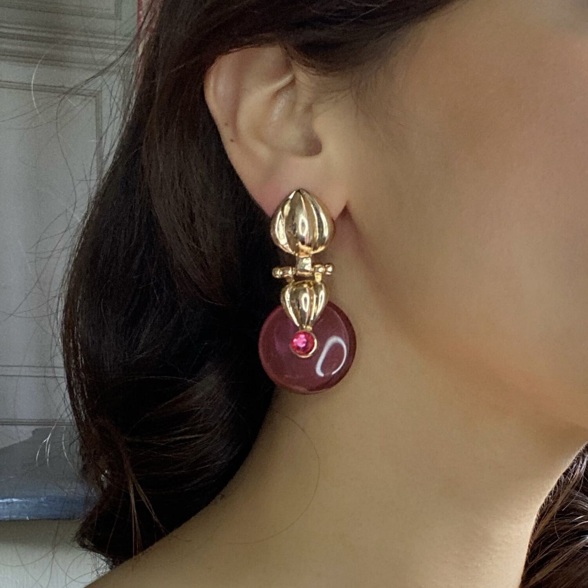 Gold Drop Earring With Pink Tourmaline  Resin Drop